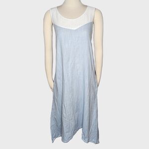 Batik 100% Linen Sleeveless Dress Blue White Colorblock Midi Size Small